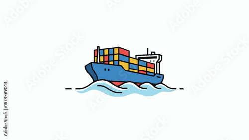 Cargo Ship with Containers Sailing on Ocean Waves Vector Icon