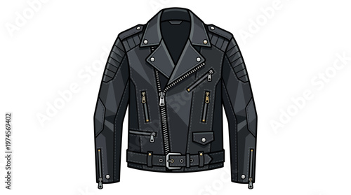 Black leather jacket with metal hardware.