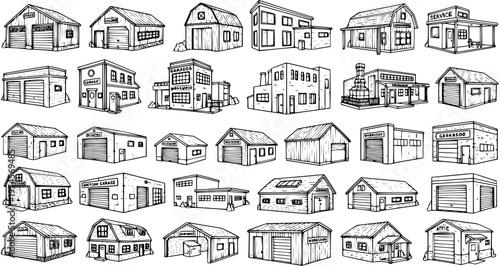 Black and White Hand-Drawn Line Art Garages and Service Buildings Set for Automotive, Construction, and Home Architecture Concepts