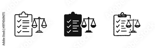 Legal Checklist and Scales of Justice Icon Set - Compliance, Judicial Review, and Accountability Symbol