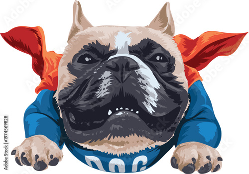 An adorable American Staffordshire Terrier and a funny French Bulldog puppy wearing a blue shirt are cute purebred canine pets isolated on a white background