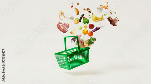 Fresh grocery items spilling out of green shopping basket on white background