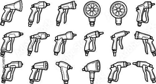 Hand-drawn Black and White Line Art Set of Various Spray Guns and Nozzles for Industrial, Cleaning, and Painting Applications