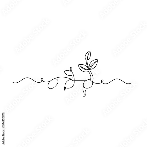 Continuous line drawing of a small plant growing with leaves and roots

