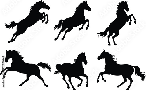 Horse silhouettes, galloping, rearing, leaping, equine motion, dynamic poses, animal figures, black outline, flowing mane, tail movement, countryside, nature, artwork