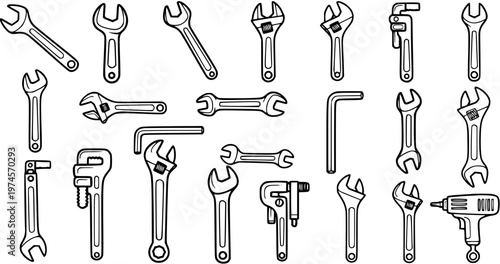 Wrenches and Hand Tools Black and White Line Art Icons. Industrial, Automotive, and Repair Toolkit Collection.
