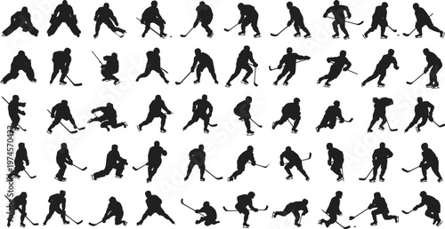 Ice hockey player silhouettes, skating, shooting, passing, defending, goaltending, sports action, dynamic movement, athletic poses, black silhouettes, competitive game