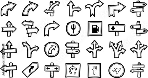 Hand-drawn arrow and road sign icons, black and white line art, indicating direction and information