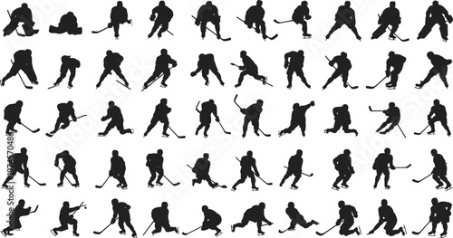 Ice hockey player silhouettes in dynamic poses, skating shooting passing defending goaltending illustration, winter sports artwork design, athletic performance background scene