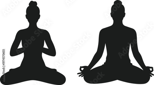 Meditation yoga silhouettes in seated poses, mindfulness illustration design, spiritual relaxation artwork, wellness logo, peaceful practice background for holistic lifestyle