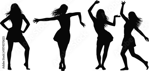 Stylized female dancer silhouettes in motion, expressive choreography illustration, elegant dance art design, fashion-inspired performance logo, dynamic rhythm background artwork