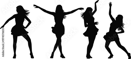 Dynamic female dancer silhouettes in motion, elegant dance poses illustration, performance art design, fashion-inspired movement logo, expressive choreography background artwork