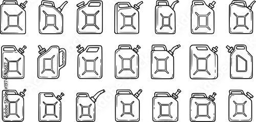 Automotive Fuel Jerry Can and Gas Can Vector Outline Icons Set. Black and White Hand-Drawn Line Art Collection for Energy and Transportation.