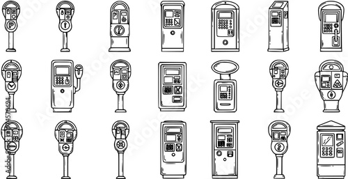 Parking Meters and Payment Machines Vector Line Art Icons Set. Urban Public Transportation and City Services Technology Kiosks Black and White Outline.