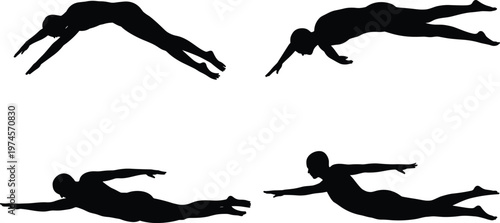Swimming silhouettes, aquatic sport, freestyle stroke, body movement, water exercise, athletic training, swimmer posture, swimming technique, aquatic fitness, competitive swimming