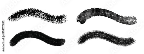 Vector Scatter Brushes. Grain and Speckles. No-stretch. Grunge spray paint strokes and grainy charcoal lines. Black ink textured scribbles and rough stipple hatches, vector illustration.