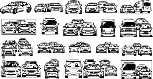 Automotive Vehicles Line Art Glyph Icons Set: Diverse Cars, Vans, and Sedans for Transportation, Traffic, and Road Concepts