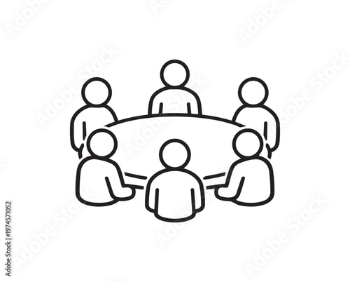 Minimalist black and white line drawing of six people sitting around round table symbolizing teamwork