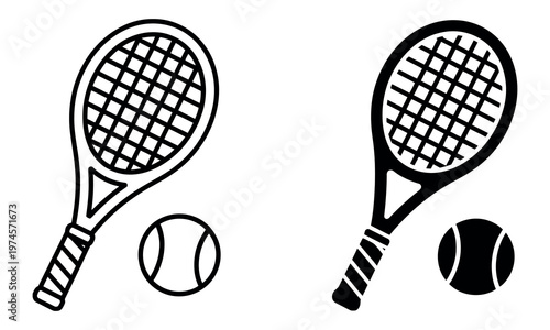 Photos Tennis racket and tennis ball icon set with outline and solid black silhouette v