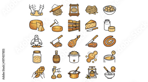 Artisan Food Production Icon Set in Line Style. A collection of Food Processing Linear Icons, Including kneading, pasta, cheese, meat, baking, fermentation, and more. Vector, food, cooking