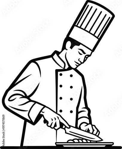 Male chef chopping food with knife on cutting board, culinary professional preparing meal vector icon, chopping