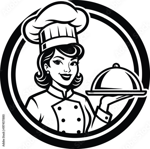 Smiling woman chef holding serving platter with cloche dish, restaurant food service vector icon, restaurant