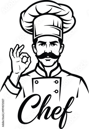 Male chef with mustache making ok hand gesture, culinary professional and food service expert logo, ok gesture