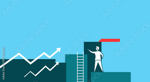 Ambitious business leader standing on a platform, facing new challenges and opportunities for growth, symbolizing strategic progress towards future success and achievement