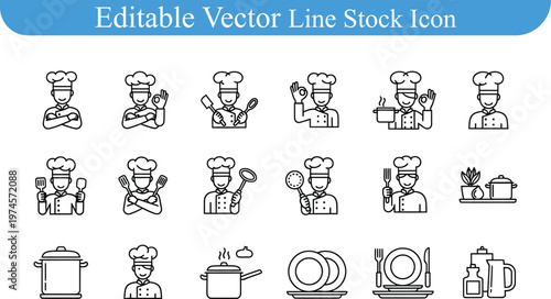 Editable vector line stock icon set of chefs kitchen equipment cooking utensils culinary symbols with food service