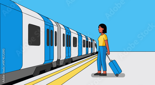 A lone female traveler with a suitcase waits patiently on a modern train station platform, ready for her upcoming journey by public transport