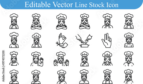 Chef characters and cooking hand gestures editable vector line icons set with hand gesture food prep character