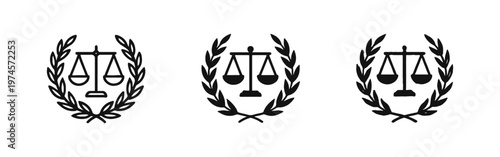 Scales of justice with laurel wreath icon set, representing law, victory, and legal excellence.