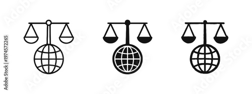 Global justice scales icon set, symbolizing international law, worldwide equity, and universal rights.