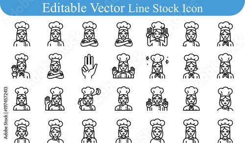 Extensive collection of female chef character line icons with different facial expressions and culinary poses