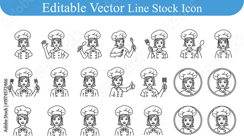 Professional female chef and cook line icon set featuring various kitchen tasks tools and culinary activities