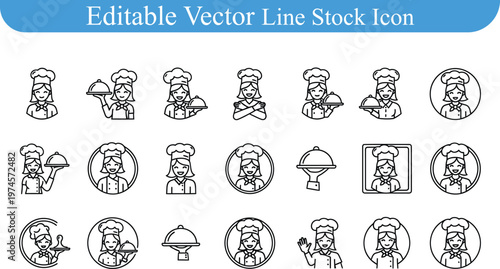 Female chef and server line icons collection featuring professional restaurant service and food presentation themes