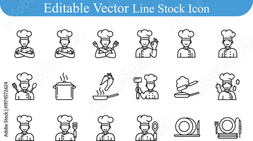 Kitchen cooking and chef line icons set featuring pots pans and professional cooks preparing food graphic, culinary