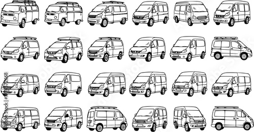 Automotive Transportation Line Art Collection: Black and White Hand-Drawn Vans, Minivans, and Microbuses Vehicle Set.