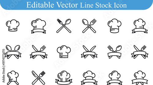 Chef hat and cutlery line icon set with banners for restaurant logo design and culinary branding, restaurant