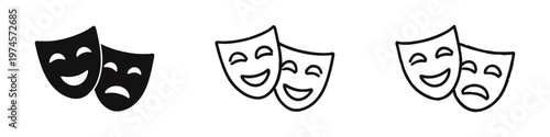 Comedy and tragedy masks icon set, representing theater, drama, and performing arts with various styles.