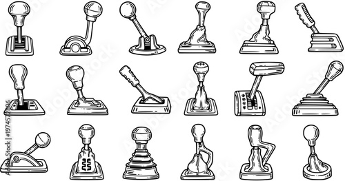 Black and White Line Art Collection of Diverse Car Gear Shifters for Automotive Industry