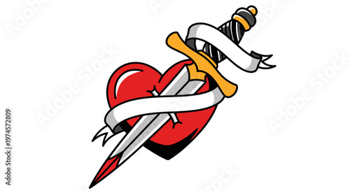 Broken Heart with Dagger - Traditional Tattoo Style Illustration