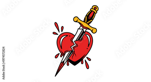 Broken Heart with Dagger - Traditional Tattoo Style Illustration