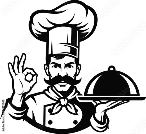 Vector illustration of a chef with mustache and toque hat holding a food cloche and showing okay hand gesture