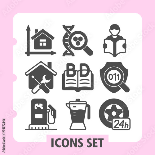Set of nine grayscale glyph icons presented on white background, depicting diverse themes across business, science, home, education and car service sectors.