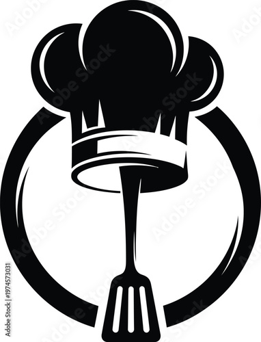 Graphic illustration of a chef toque hat and spatula inside a circle symbol for kitchen and catering business logo