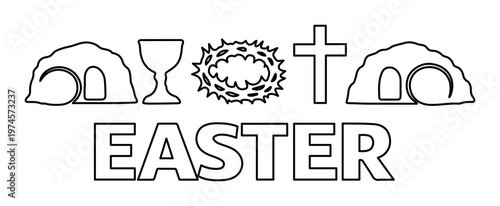 Easter Christian religious symbols vector outline, empty tomb, chalice, crown of thorns, cross, resurrection holiday graphic element
