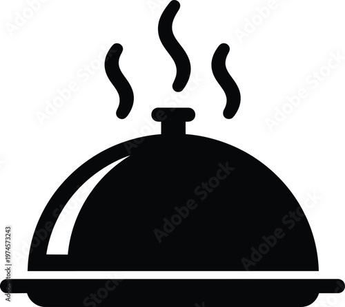 Black silhouette icon of a food cloche serving platter with rising steam for restaurant service, restaurant