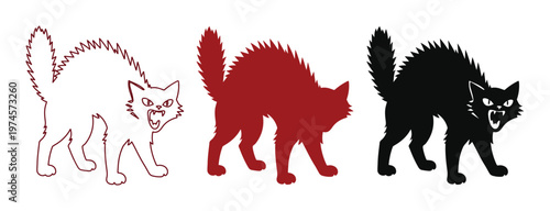 Halloween cat vector set, three spooky black cats, red cat, and outline cat, arched back, hissing, angry feline silhouette for scary designs, holiday graphics, and seasonal decorations