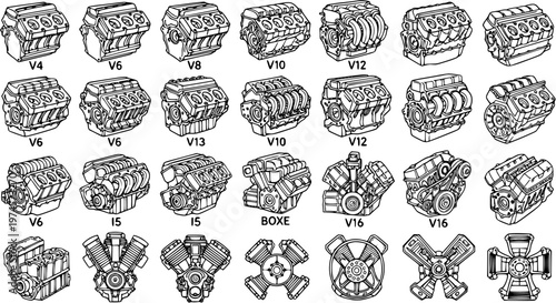 Automotive Internal Combustion Engine Types Vector Line Art Collection. Detailed Black  White Outline Illustrations of V4, V6, V8, V10, V12, V13, V15, V16, and Boxer Engines.